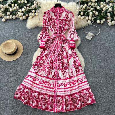 Chic Vintage Sexy Long Sleeve Print Ruched Button Slim Elegant Fairy Korean Fashion Boho Sundress Women Clothing Long Dress