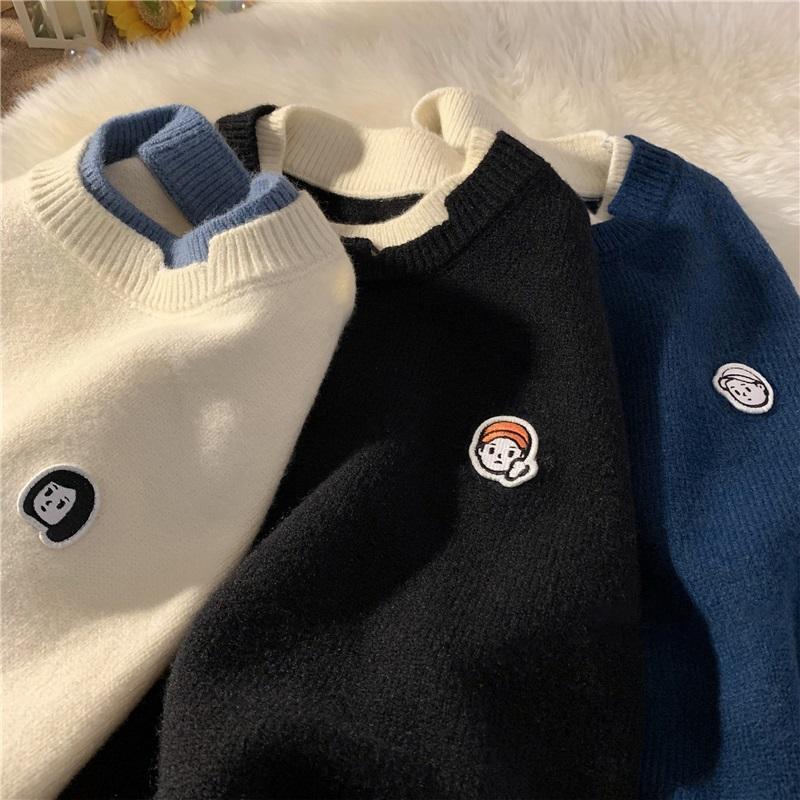 Men's Fake Two Piece Knit Sweater Crew Neck Casual Embroidered Pullover
