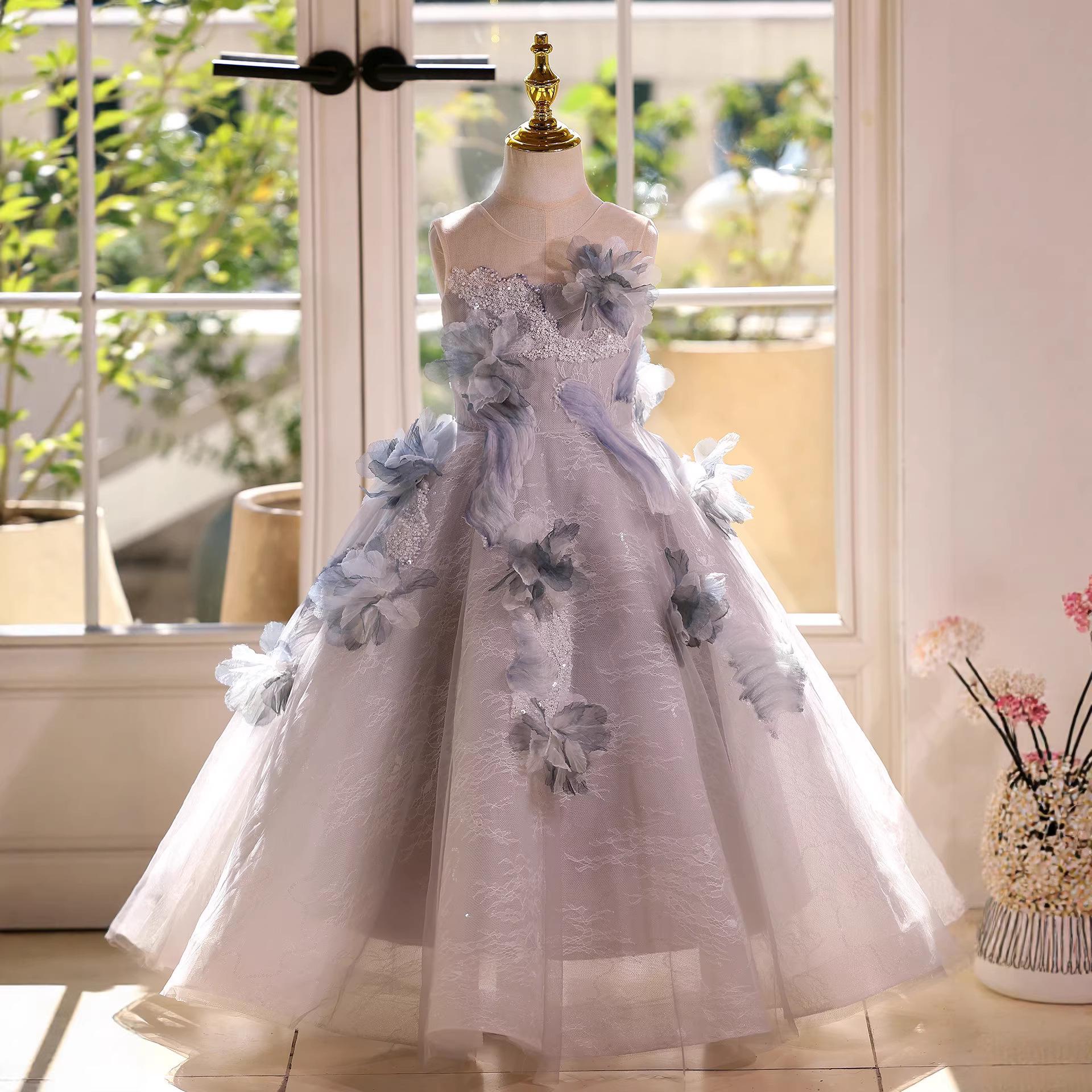 Luxuriöses Abendkleid für Mädchen, Leichtes Tüll-Prinzessinnenkleid für Klavieraufführung, Moderation und Geburtstagsbankett, Alter 10 140 cm gray
