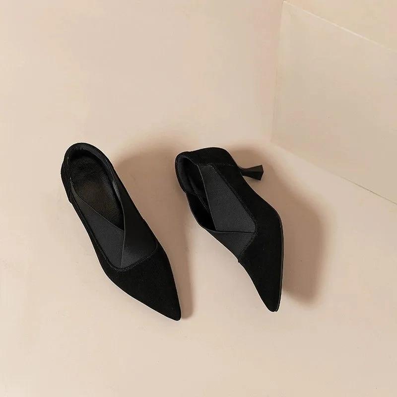 Women's Thin Heel Shoes Autumn New Pointed Mid-mouth Suede Slip-on Low-top Shoes with Anti-slip and Wear-resistant Temperament