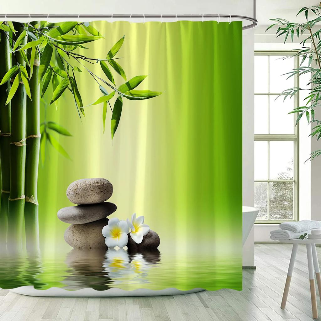 Green Bamboo Zen Shower Curtains Set, Spa Stones and Orchids Flowers Polyester Fabric Bath Curtain with Hooks Bathroom Decor