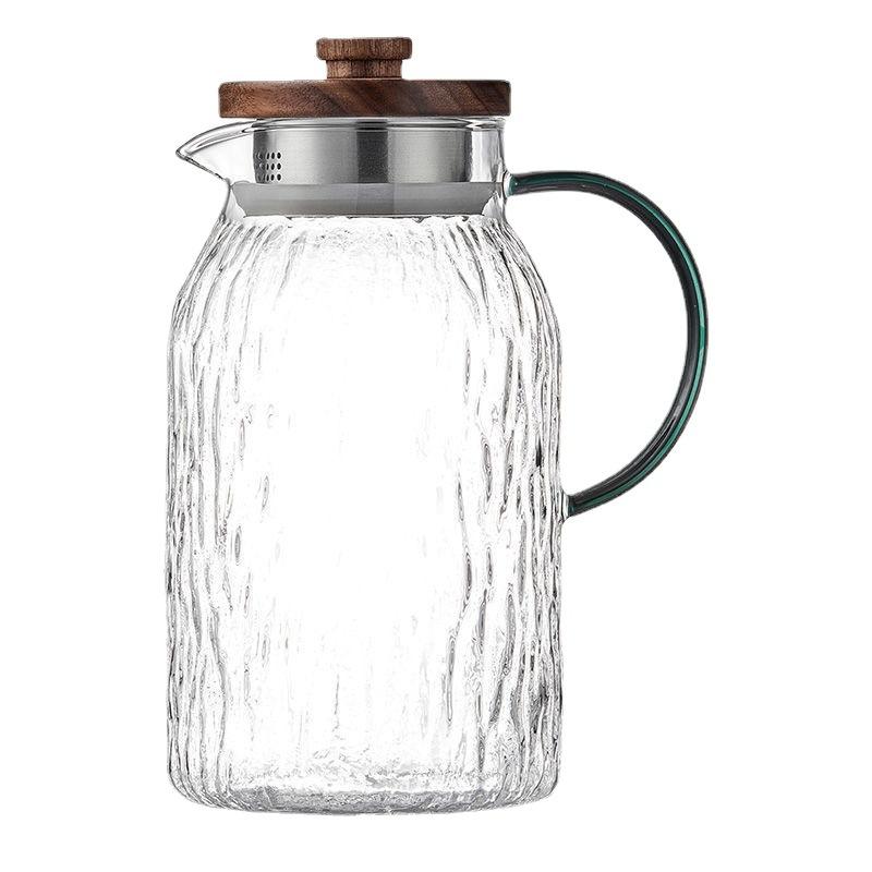 Japanese Style Glass Cold Water Kettle Wooden Cover Bark Pattern Glass Juice Drink Kettle Set Large Capacity Cooling Boiled Water Kettle