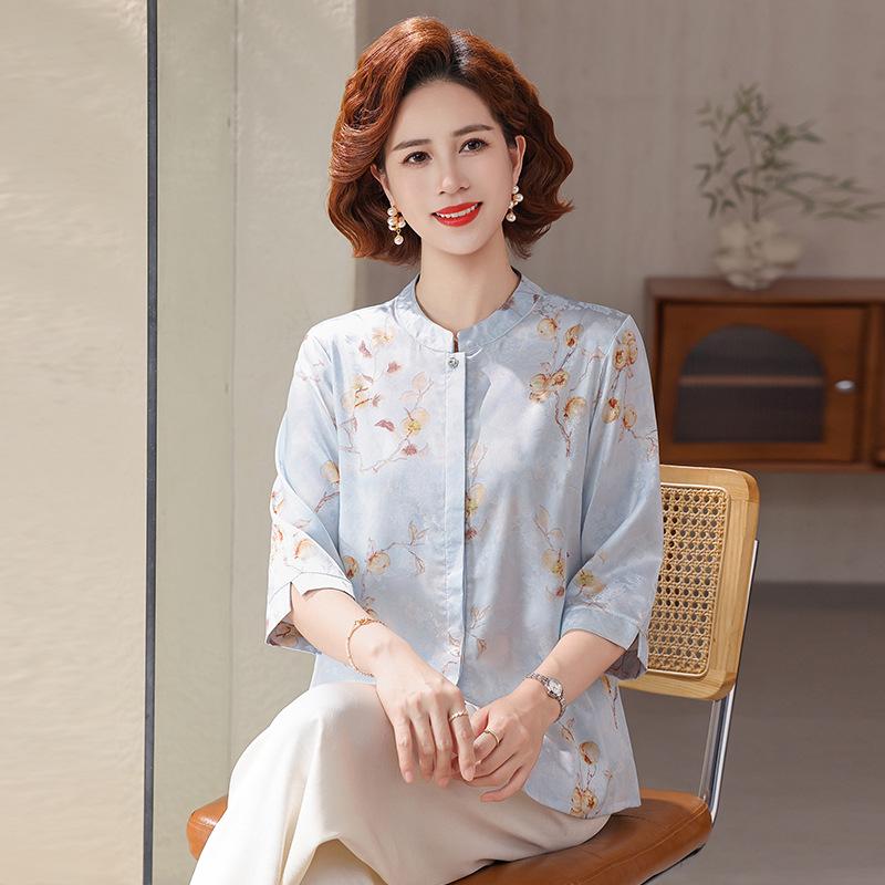 

Mother s Spring/Summer Chinese-Style Floral Shirt, 3/4 Sleeve, Stand Collar, Lightweight, Elegant for Middle-Aged/Elderly Women. L (80-100 lbs) синий