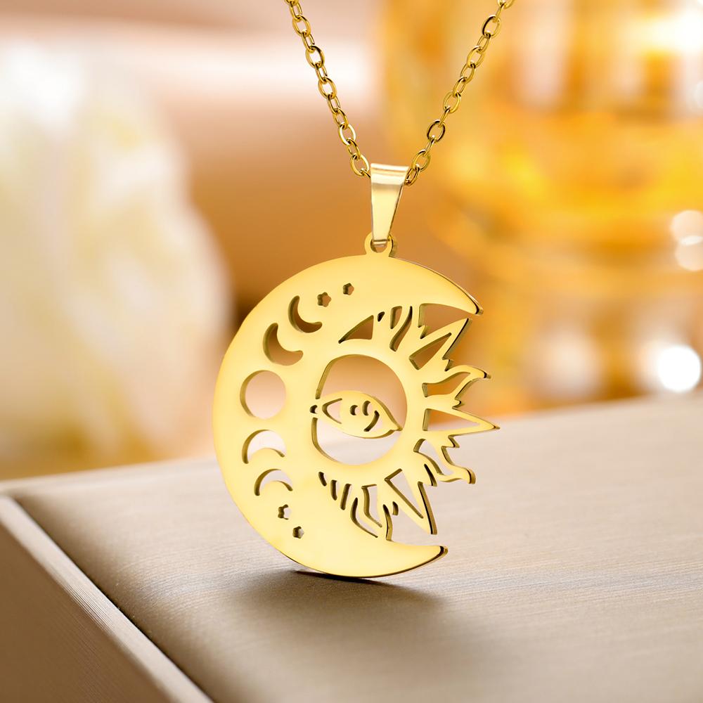 Dawapara Sun and Moon Phase Necklace Crescent Moon Pendant Stainless Steel Jewelry Valentine's Day Gift