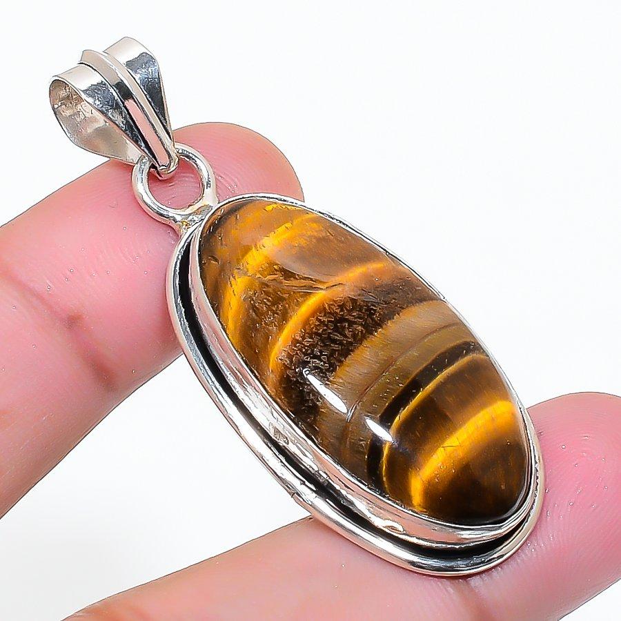 Natuurlijke Tijgeroog Edelsteen Handgemaakte 925 Sterling Zilveren Hanger 1,85" AP-14995