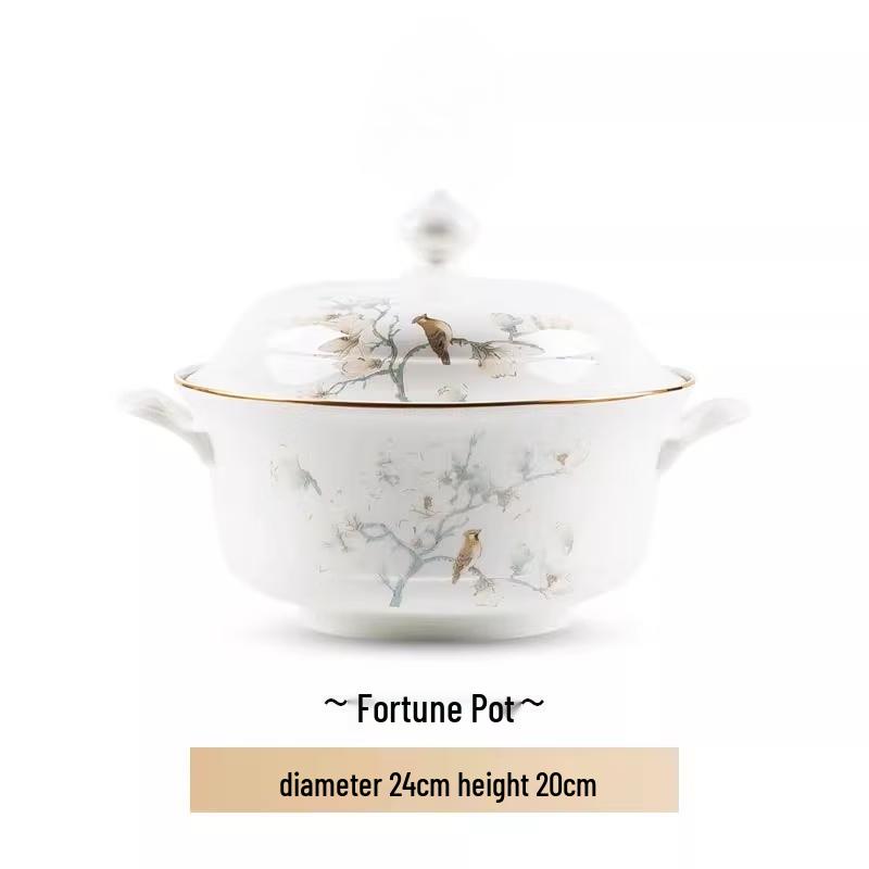 Mod Lanka Jingdezhen Ceramic Gold Rim Flower & Bird Douli Bowl