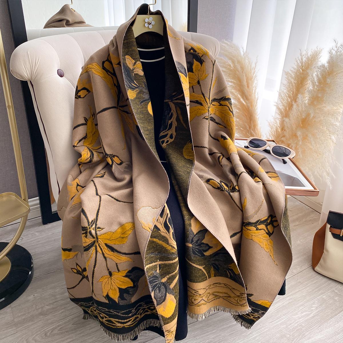 

New Women s Double-Sided Floral Print Faux Cashmere Scarf Soft Cozy Pashmina Shawl Autumn Winter Cold-Resistant Windproof