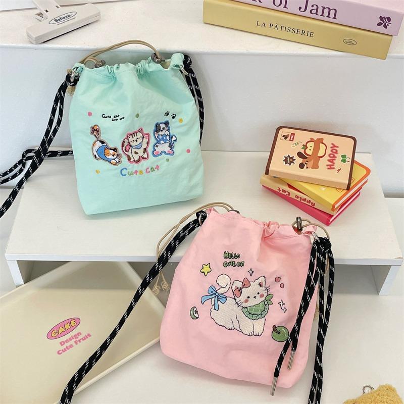 Cute Color Embroidery Bucket Bag Small Cloth Bag College Girl Casual Shoulder Crossbody Mobile Phone Bag