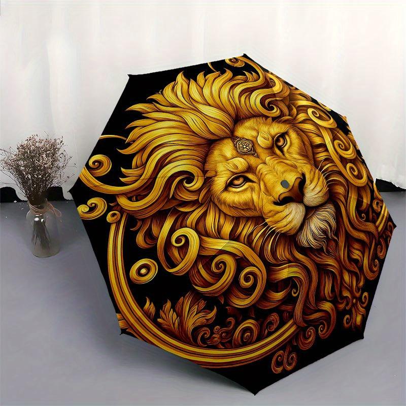 Golden Lion Head Ornament, Luxury Decorative Emblem Umbrella, Cute Umbrella with Cute Design, Portable 3-Fold Compact Umbrella for Men & Women, Valent