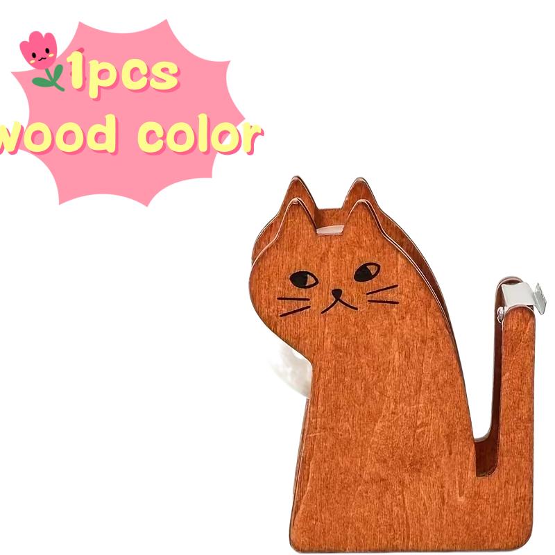 

1pcs Cute Cat Tape Cutter, Wood & Clear Plastic Holder, Compact Tool for Cutting Packaging