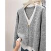 Women's Lamb Wool Blend V-Neck Patchwork Knit Sweater