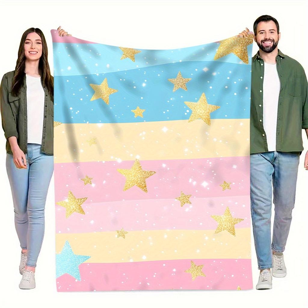 1pc Starry Night Throw Blanket - Soft Flannel All-Season Warmth, Contemporary Geometric Digital Print with Pastel Colors & Golde