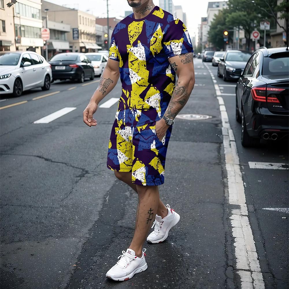 

Новый летний комплект удобной и мягкой повседневной спортивной одежды с объемным принтом, мужская футболка с короткими рукавами + уличные шорты, комплект из двух предметов 6XL