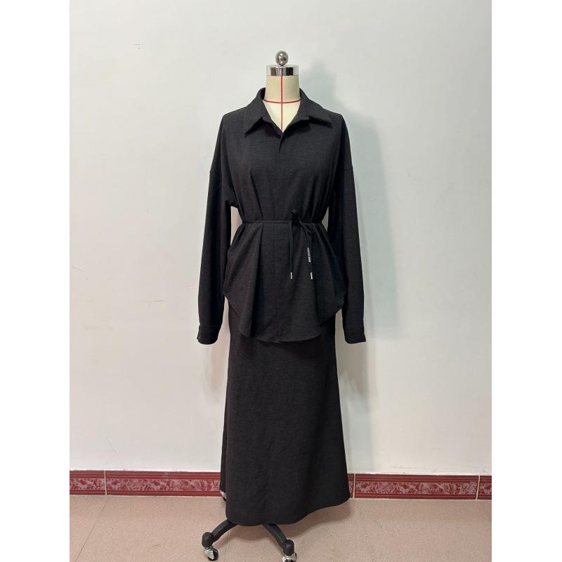 European & American Women's Belted Cardigan Dress Set - Solid Color, Gentle Style, Autumn 2025 Collection