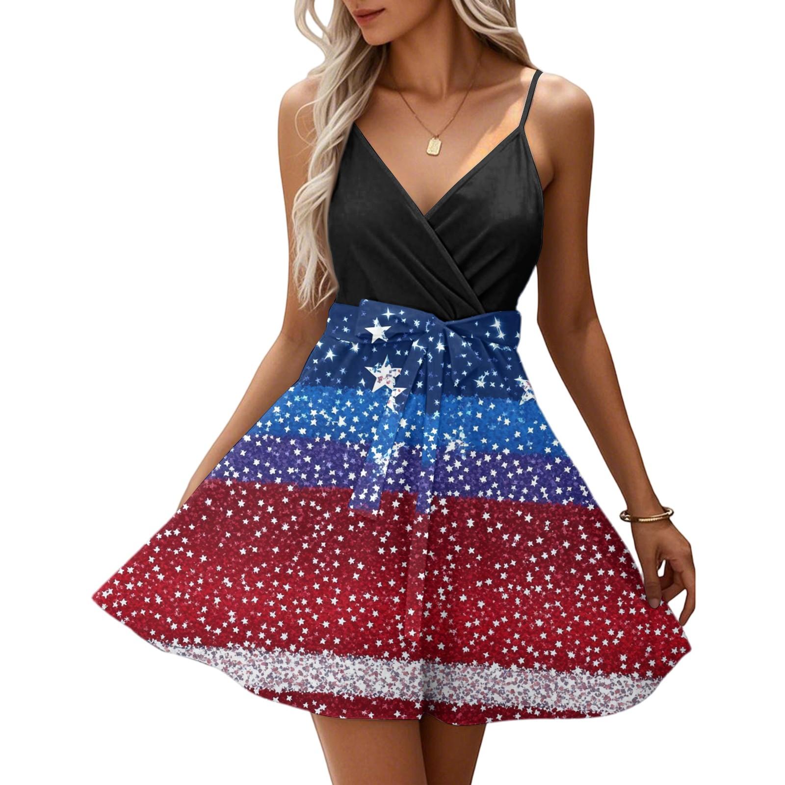

Women s Fashion Casual V Neck Casual Straps Sleeveless Independence Day Printed Dresses S винний