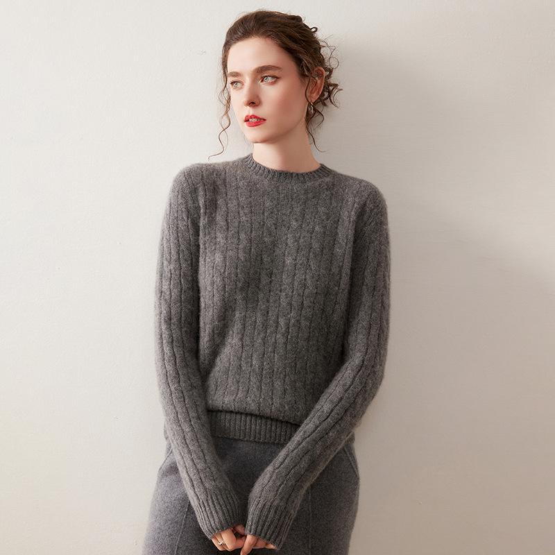 Women's Seven-Stitch Round Neck Cashmere Sweater - Solid Color Pullover, Elegant & Casual Long Sleeve Warm Base Layer