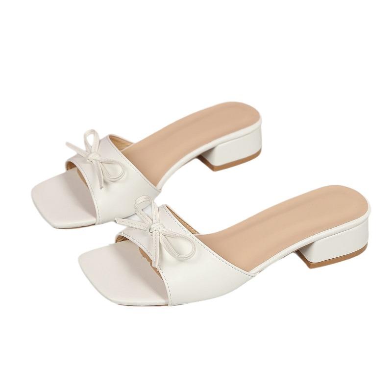 Plus Size Women Bow Chunky Mid Heel Square Toe Slide Slippers
