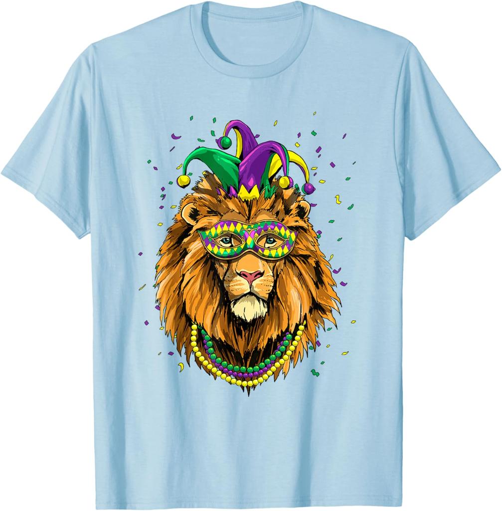 Lion Mardi Gras Mask Graphic Tee Breathable Short Sleeve T-Shirt Carnival Trip