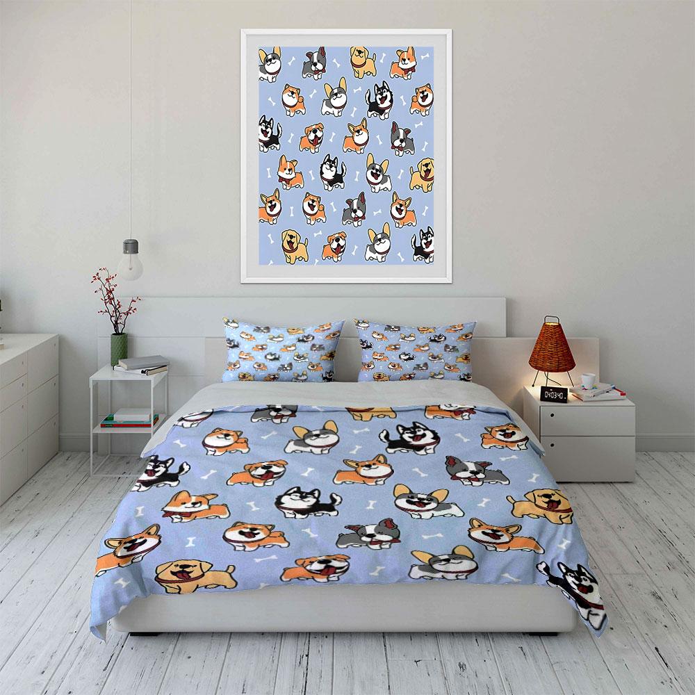 3pcs Cartoon dogs with bone Pattern Duvet Cover Set Digital Print Colorful Polyester Bedding with Zipper Closur for kids gifts