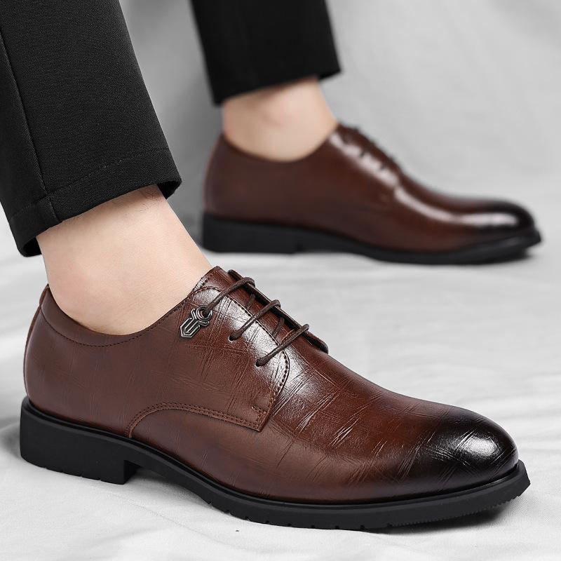Leather shoes men's business dress leather shoes British casual breathable black inner height increasing groom wedding shoes