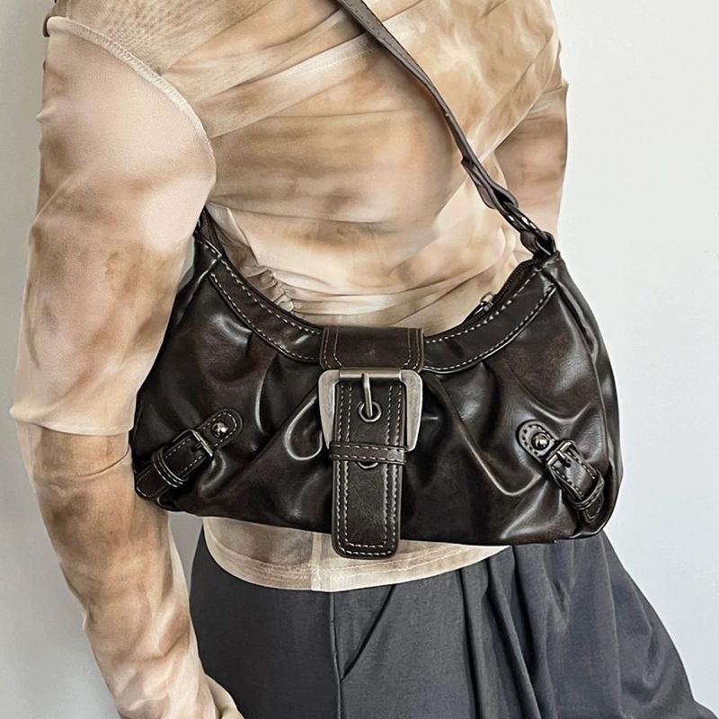 Yogodlns Retro Plisserad Axelväska Mode Maillard Hot Girl Underarmsväska Läder Punk Motorcykelväska Kvinnor Vardagliga Hoboväskor