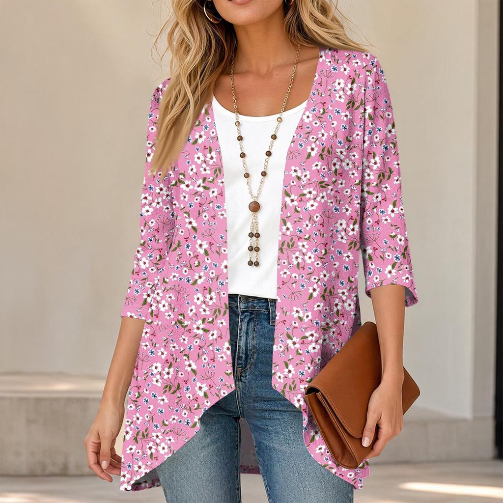 Women's Retro Floral Print Three-Quarter Sleeve Loose Fit Lightweight Cardigan for Casual Everyday Wear