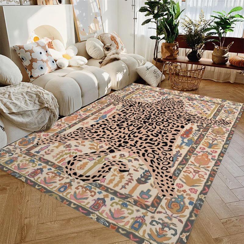 Modern Leopard Print Mix Carpet with Bohemian Style Border Colorful Floral Design Non-Slip Large Area Rug for Cozy Home Interior