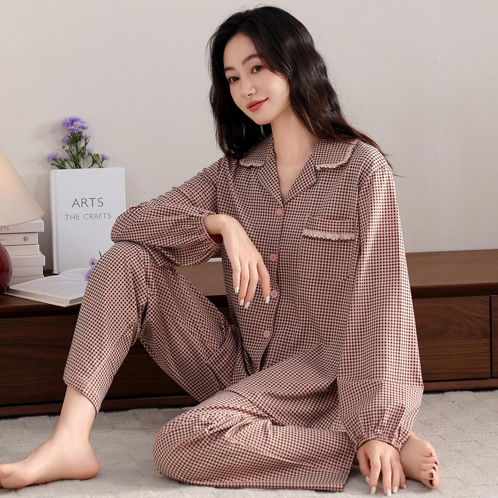 Sweet Princess Style Soft Cotton Pajamas Women's Spring and Autumn New Pullover Plaid Mother Long Sleeve Loose Loungewear