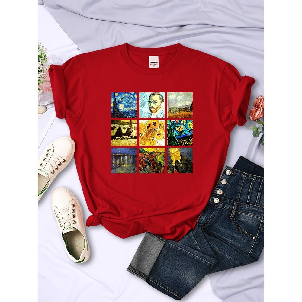 Van Gogh Works Sanskrit Printed Female Tops Breathable Casual T Shirts Fashion Short Sleeve Women Crewneck Street Tshirt