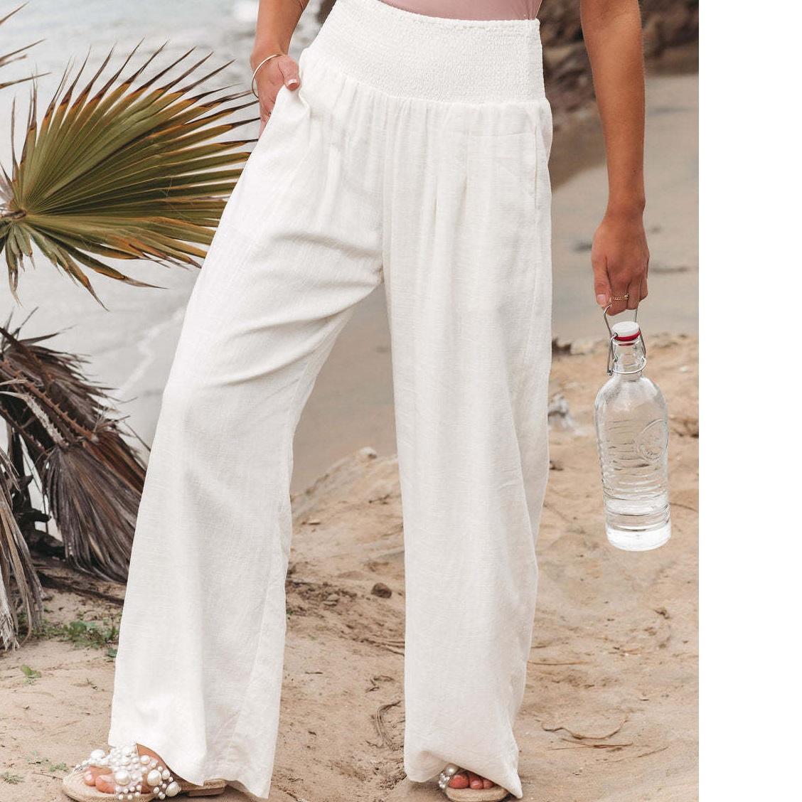 

Однотонные широкие брюки женские повседневные свободные офисные длинные брюки винтажные хлопковые и конопляные удобные брюки со средней талией XS белый