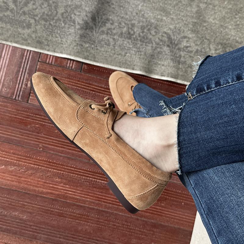 Fashion Women Pumps Low Heels Round Toe Lace Up Sheep Suede Quality Shoes Woman Retro Lace-Up Office Lady Working Spring Summer 2025 New