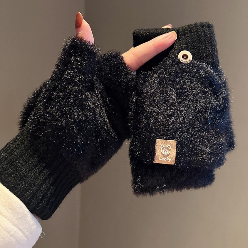 Cute Autumn Winter Half Finger Gloves Plush Warm Touchscreen Gloves Thickened Anti-Cold Flip Cover Gloves Student Writing Gloves