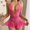 New Sexy Crotchless Rose Sexy Lingerie Women Lace Hollow Bodysuit Teddy Babydoll Dress Deep V Open Bra Porno Set Erotic Pajamas