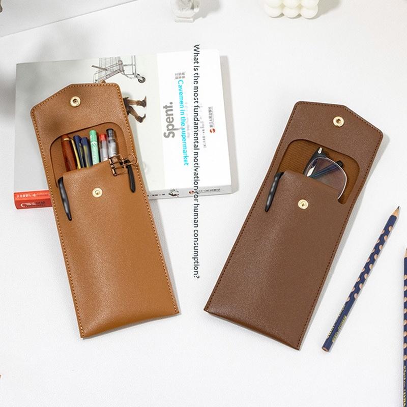 Pencilcase Faux Leather Large Capacity Multi-Slot Pouch - Pure Color Stationery Organizer / Pen Protective Case