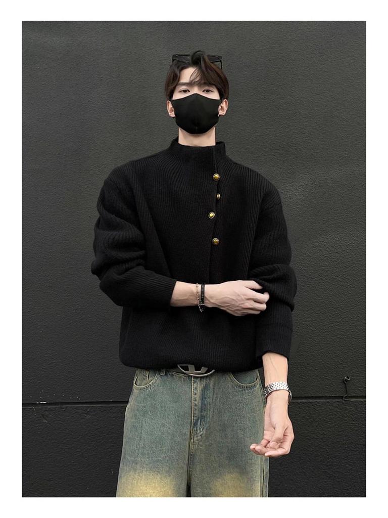 Men's Korean Style High Neck Sweater with Irregular Button Design – Trendy Oversized Knitwear