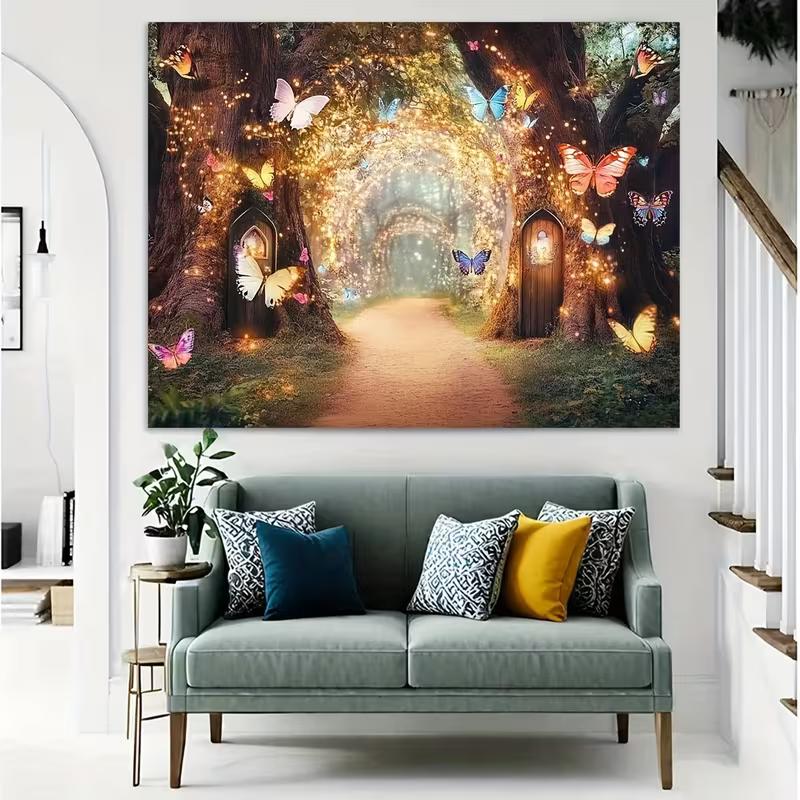 2D Glowing Forest Tapestry, Magical Tree Path with Butterflies & Lights Background Cloth