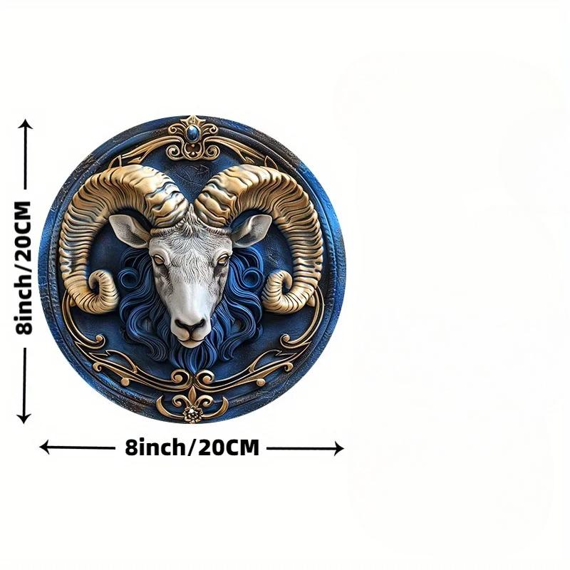 Aries Zodiac Ram Wooden Wall Decor, Round Metal Sign Weather-Resistant Artwork Door Hanger or Wreath Decoration