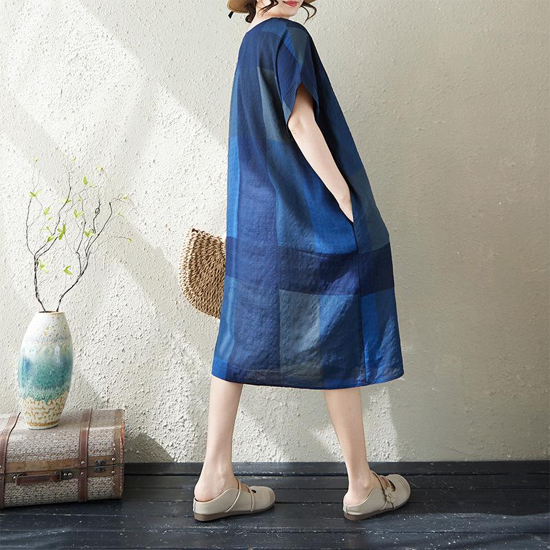 Summer Fat Mm Thin Cotton and Linen Printing Literary Femininity Over the Knee Medium and Long Short-sleeved Dress Women
