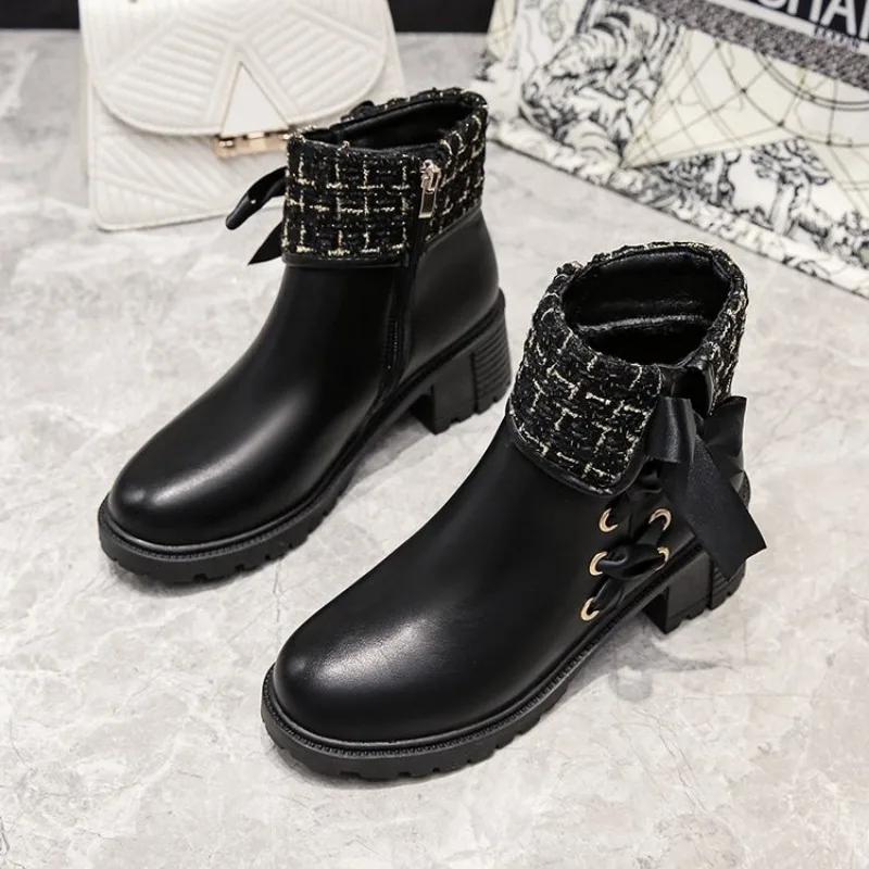 New Women Short Boots Ladies Leather Ankle Boot Autumn Platform Motorcycle Shoes for Woman's Winter Pearl Shoe