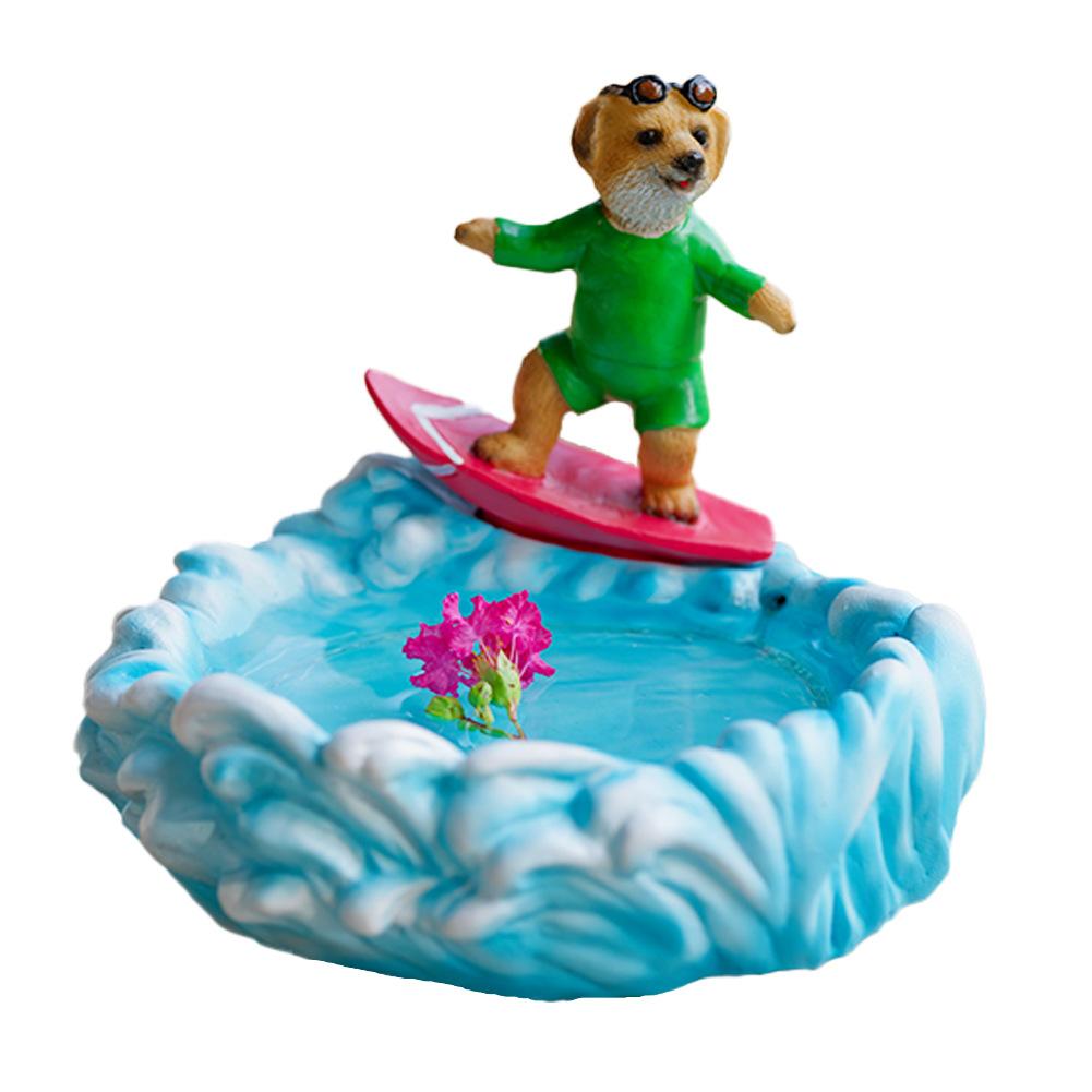 Solar Resin Dog Surfing Bird Bath Outdoor Garden Courtyard Decoration Ornament Solar Powered Bird Feeder