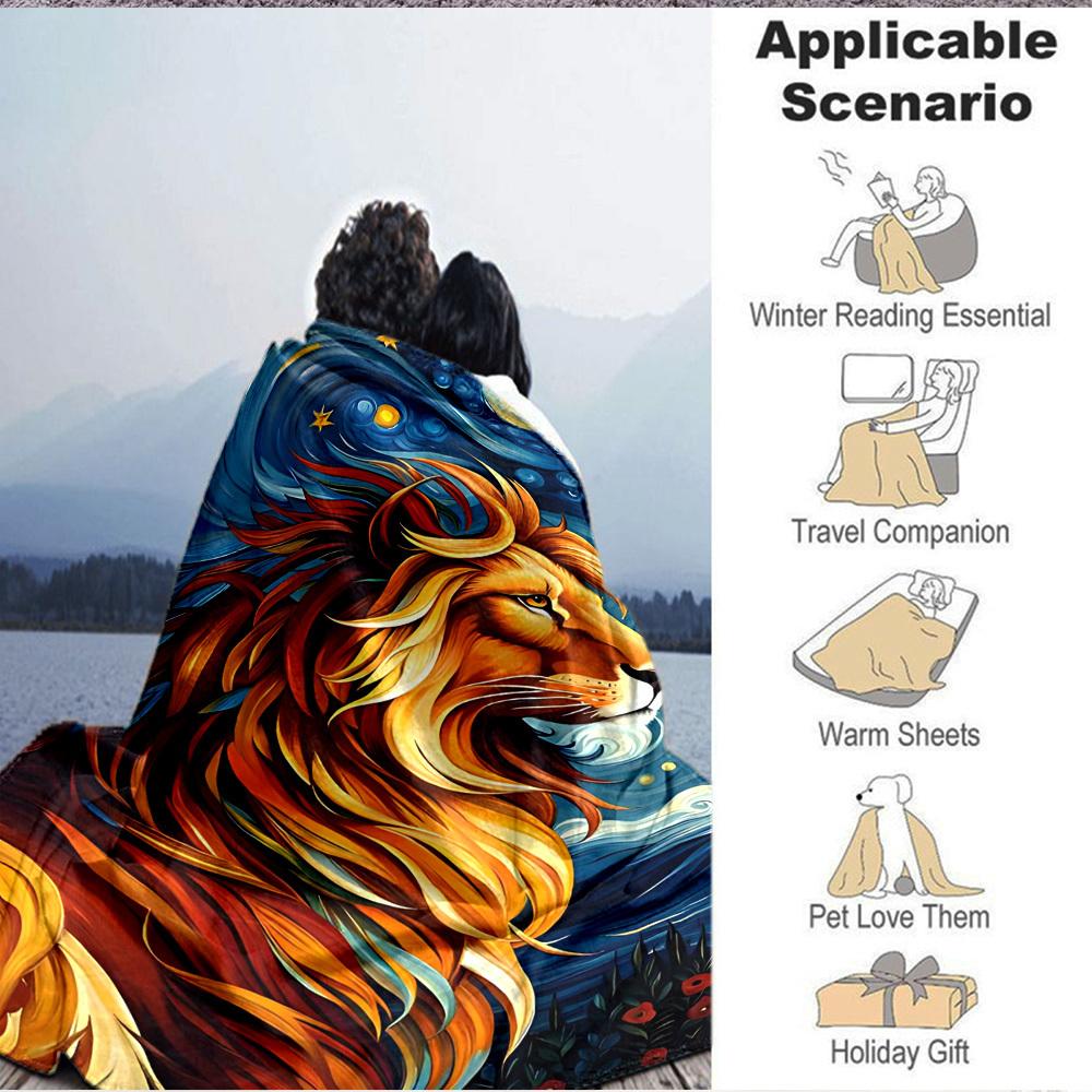 1pc Lion Art Print Blanket - Lightweight Flannel Fleece with Digital Printing, Soft Warm for Sofa, Travel, Camping, Office yy251018325