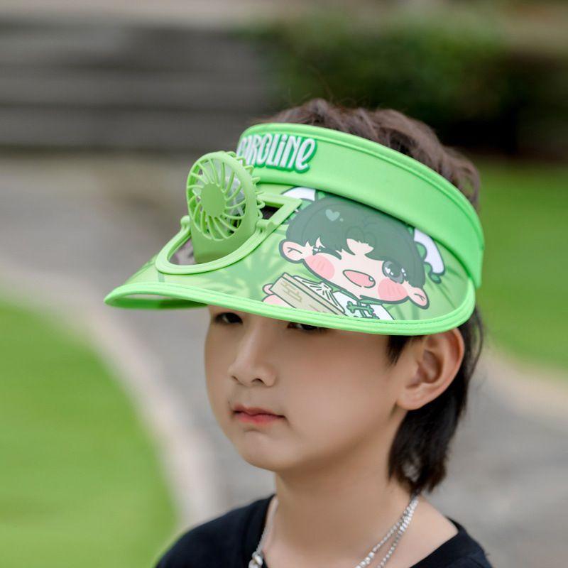 

Summer New Arrival Air Top Cap with Fan Kids Outdoor Fashion All-Match UV Protection Cartoon Pattern Kids Cap with Fan Fan cap kids Green