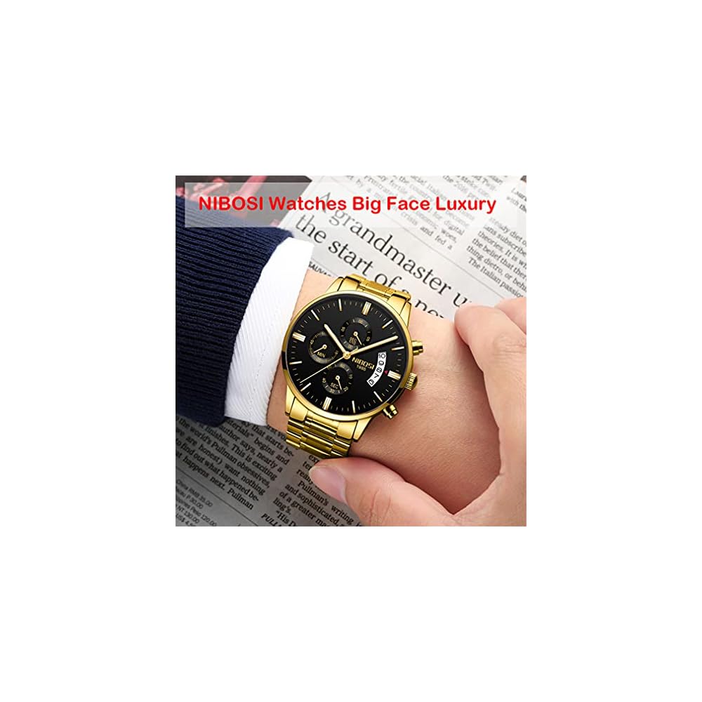 NIBOSI Men's Business Chronograph Watch Big Face Analog Black Stainless Steel Metal Band
