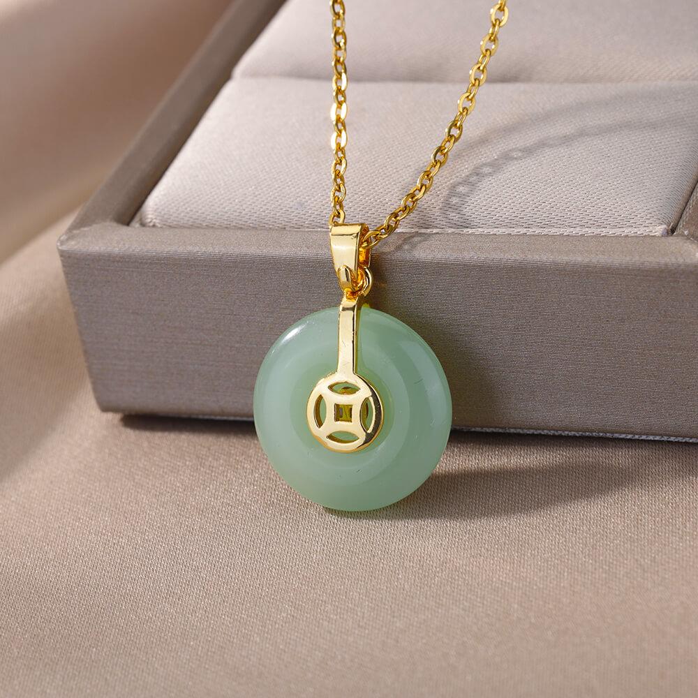 Stainless Steel Green Stone Necklaces For Women Gold Color Chain Stone Opal Oval Pendant Necklace Classic Aesthetic Jewelry Gift