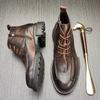 2025 Fashion Men's Platform Motorcycle Boots Retro Brown Leather Round Toe Ankle Boots Plus Size 38-48 Male Outdoor Casual Shoes