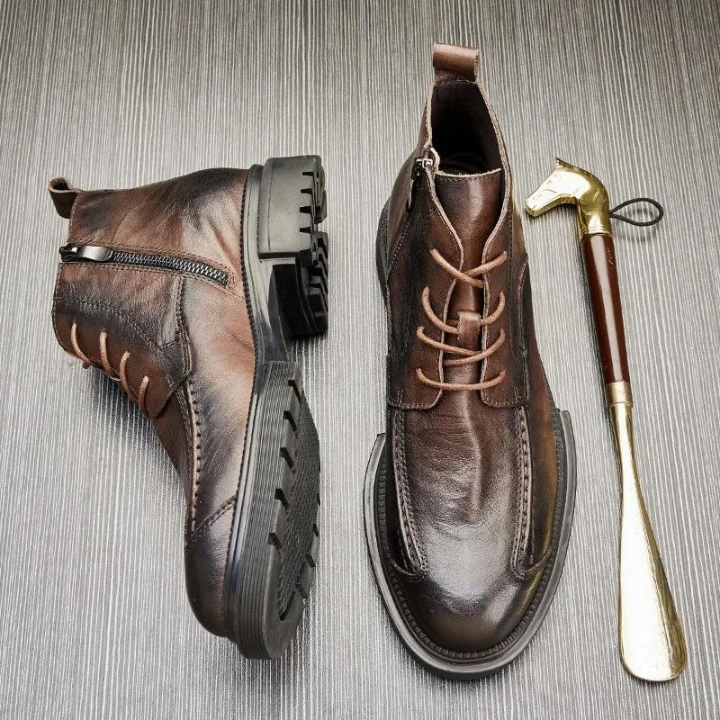 2025 Fashion Men's Platform Motorcycle Boots Retro Brown Leather Round Toe Ankle Boots Plus Size 38-48 Male Outdoor Casual Shoes
