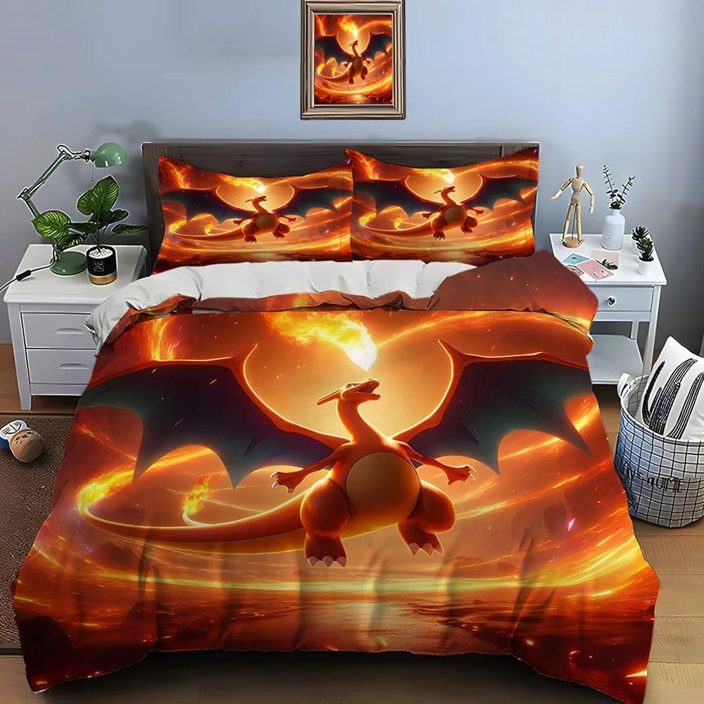 Pokmon Charizard Print Bedding Set 2/3 Pieces Setting Bed King Size Pillowcase Adult Bed Cover Bedroom Bed Set For Gifts