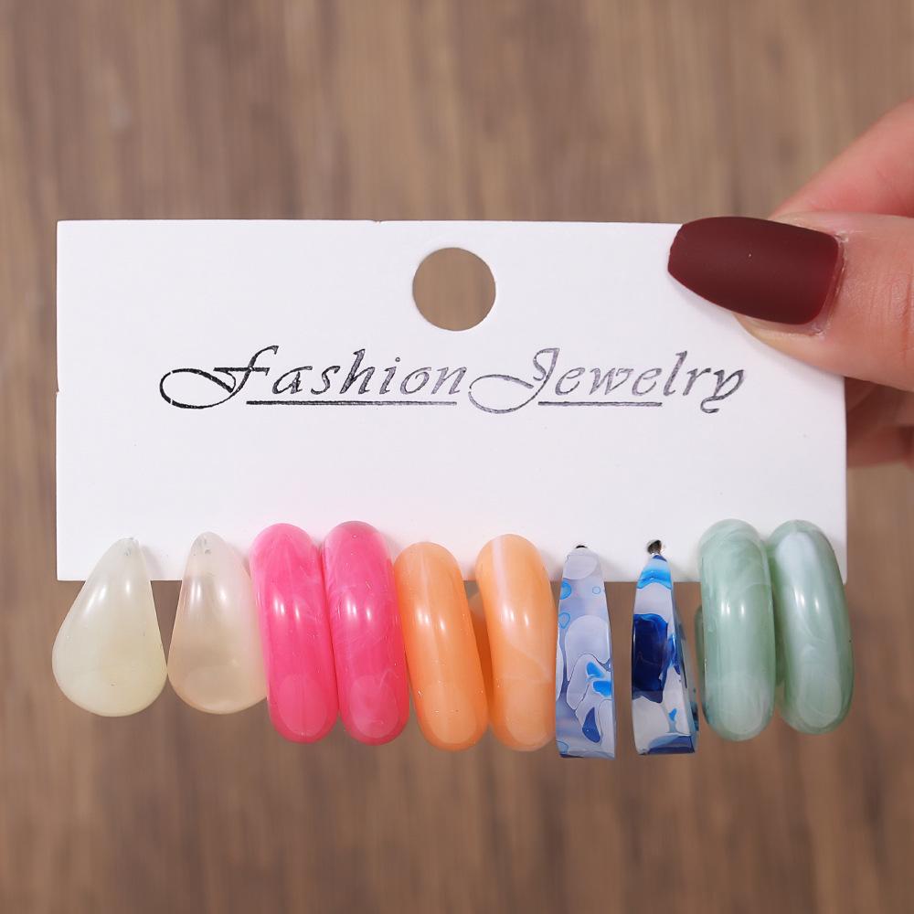 Color Creative Earrings Women's Acrylic C-shaped Mixed Color Resin Earrings 1 Pair Combination Set Exaggerated Earrings