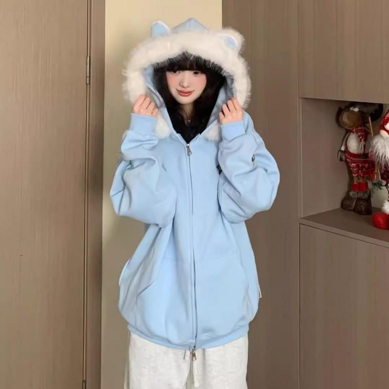 Unisex Hooded Jacket With Detachable Cat Ear Faux Fur Trim Streetwear Outerwear