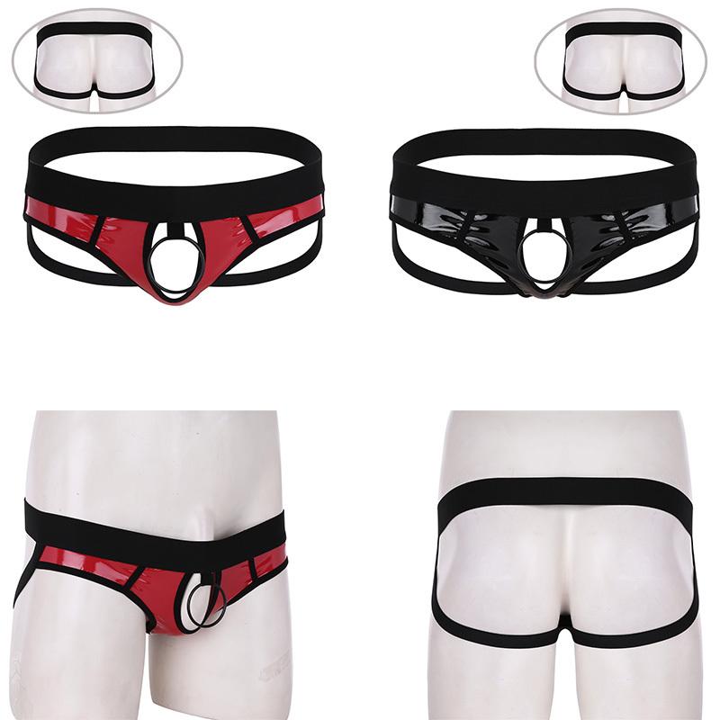 Men’s Lingerie Faux Leather Jockstrap Low Rise G-String Open Back Hollow Out Metal O-Ring Bikini Underwear for Date Night